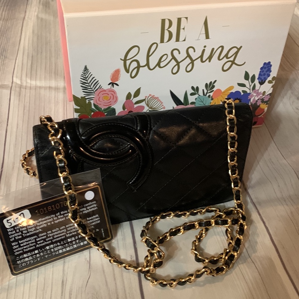 Authentic CHANEL lamb skin cambon line CC logo long wallet crossbody black